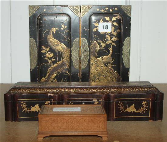 Chinese lacquered fan box, similar cabinet and a round box